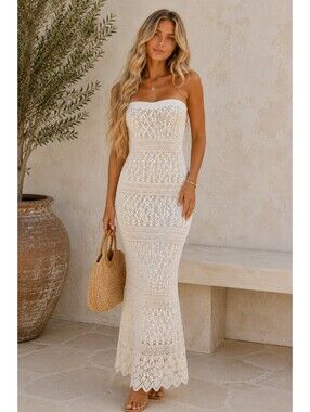 M. Nicole Evening White Crochet Strapless Coastal Boho Maxi Dress Resort Large